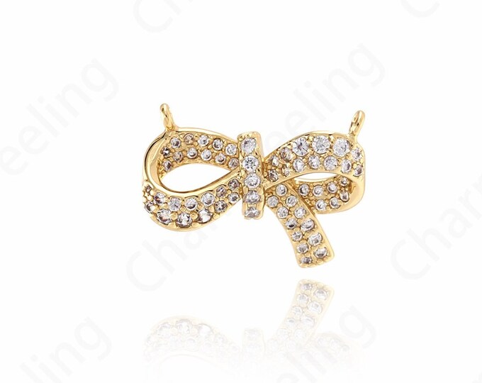Micropavé CZ Knot Charm, Bow Pendant, 18K Gold Filled Bow Charm, Gold Bow Necklace, DIY Jewelry Supplies, 17x14x5mm