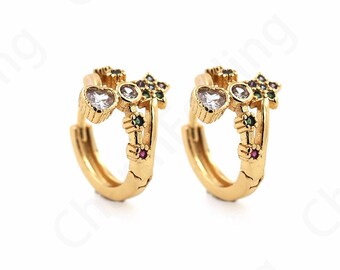 Flower Earrings,Pierced Earrings,Micropavé CZ Flower Charm,18K Gold Filled Round Earrings,DIY Jewelry Supplies,14x13.3x10.8mm