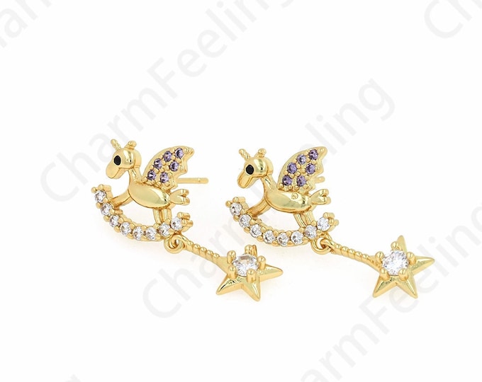 Wooden Horse Earrings, 18K Gold Filled Meteor Earrings, Micropavé CZ Earrings, Pierced Earrings,DIY Jewelry Supplies, 14.5x29.5x14mm