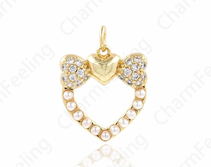 Love Charm, Pearl Heart Pendant,Micropavé CZ Heart Pendant, 18K Gold Filled Love Necklace, Gift for Her, DIY Jewelry Accessories,22.2x17x4mm