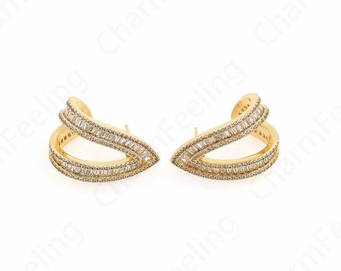 Micropavé CZ Exquisite Earrings,Rectangular Rhinestone Earrings,Curved Earrings,18K Gold Filled Moon Earrings,27.5x18.5x1.5mm