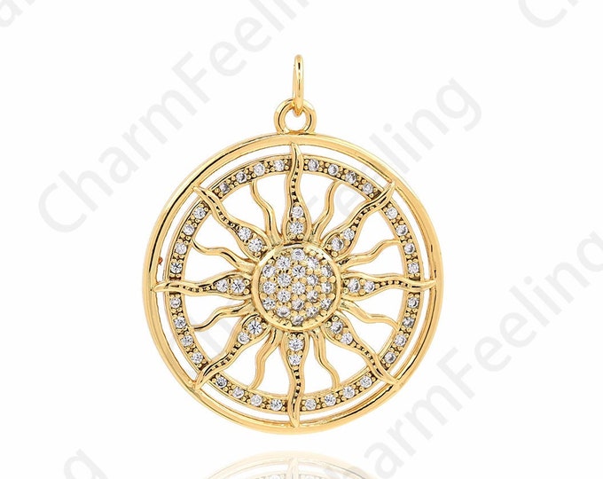 Sun Necklace, Micropavé CZ Sunshine Pendant, 18K Gold Filled Round Coin Pendant, Sun Charm, DIY Jewelry Accessories 30x24x3.3mm
