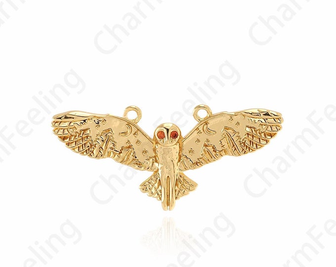 18K Gold Filled Owl Pendant, Bird Necklace, Micro Pave CZ Owl Charm, Flying Pendant, DIY Jewelry Supplies, 13.7x29.2x2.5mm