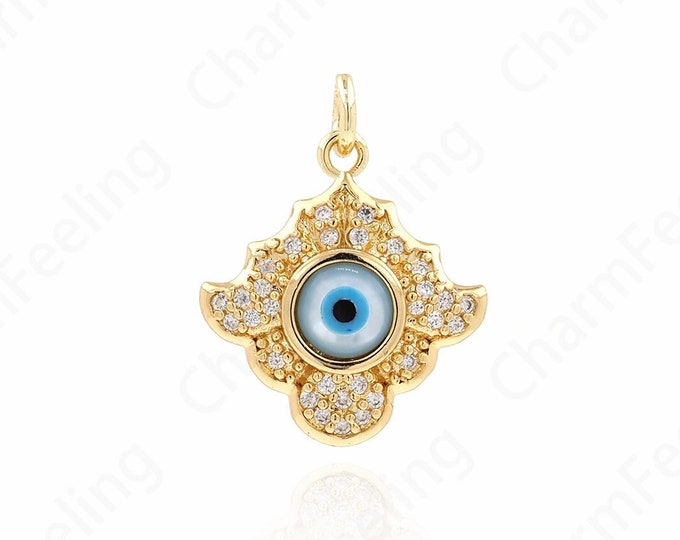 18K Gold Filled Round Eye Pendant, Eye Pendant, Micropavé CZ Enamel Eyes, DIY Jewelry Accessories, 23x18x4mm