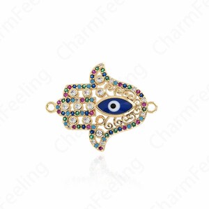 Hand Of Hamsa, Enamel Hamsa Connector, CZ Hand Connector, Hand Of Fatima Charm, DIY Jewelry Making Accessories 30x24x3.5mm