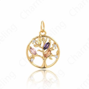 Colgante redondo relleno de oro de 18 quilates, dije de planta de Micropavé CZ, collar de árbol de la vida, dije de árbol de la vida, accesorios de joyería DIY, 18.6x14x2.6mm