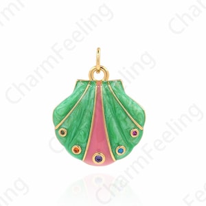 Micropavé CZ Beach Charm, Enamel Shell Pendant,18K Gold Filled Beach Necklace, Shell Necklace, Shell Charm, DIY Jewelry Supplies,23x18x3.5mm