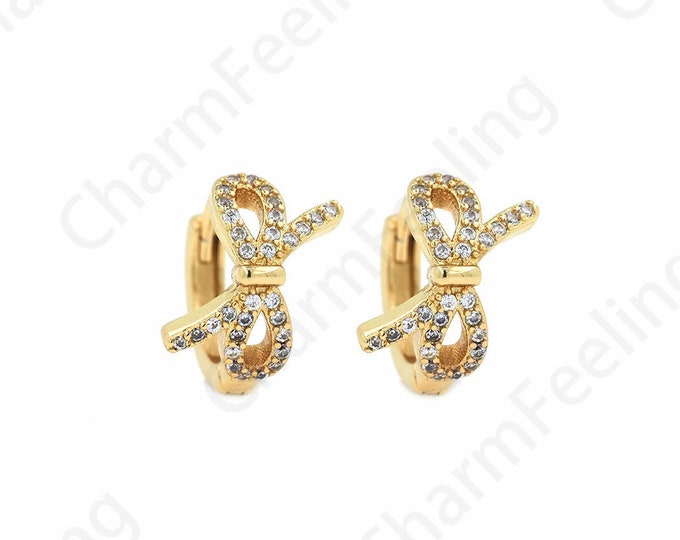 Micropavé CZ Exquisite Earrings, 18K Gold Filled Bow Earrings,Bow Charm,A Gift For Her, 13x14.5x9mm