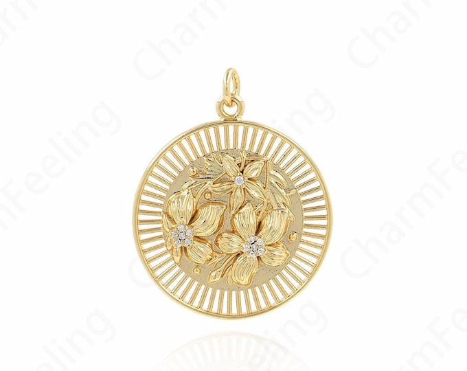 Coin Necklace, Flower Charm, 18K Gold Filled Round Coin Pendant,Rose Flower Pendant, DIY Jewelry Accessories,39x31x3.5mm