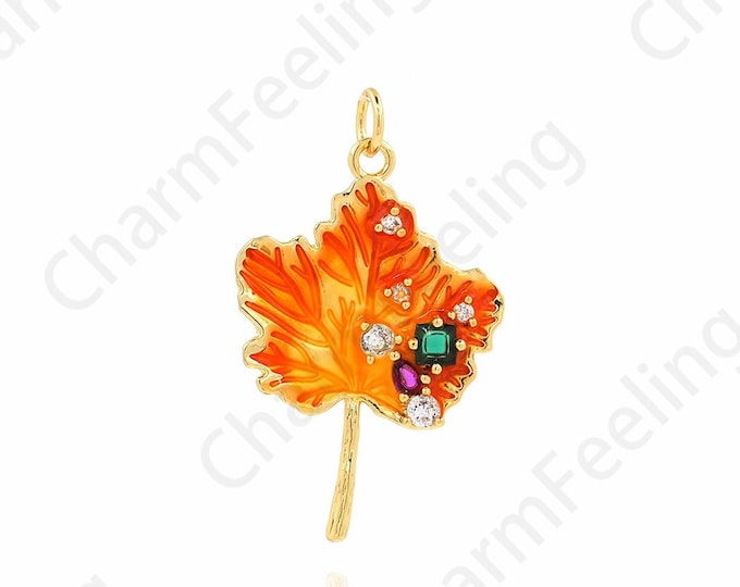 Maple Leaf Pendant, Enamel Charm, 18K Gold Filled Leaf Charm, Plant Necklace, Enamel Pendant, DIY Jewelry Supplies, 33x20x3.5mm