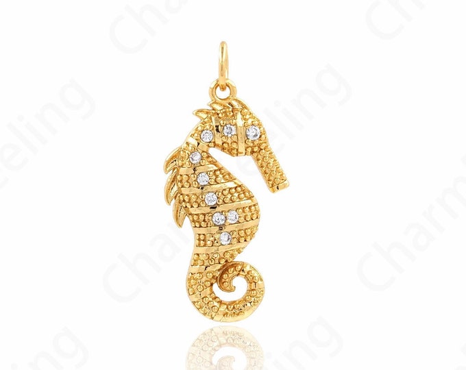 Seahorse Pendant, Sea Life Necklace, 18K Gold Filled Animal Charm, Micropavé CZ Nautical Necklace, DIY Jewelry Supplies, 27x12.5x3mm
