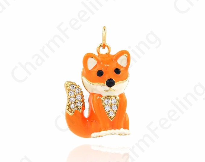 Fox Pendant, Enamel Charm, 18K Gold Filled Animal Necklace, Cute Charm, Micropavé CZ Pet Pendant, DIY Jewelry Supplies, 24x14x7mm