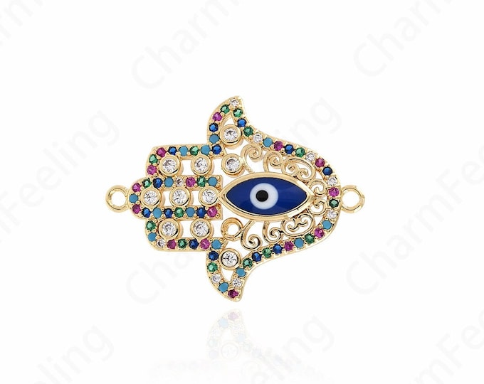 Hand Of Hamsa, Enamel Hamsa Connector, CZ Hand Connector, Hand Of Fatima Charm, DIY Jewelry Making Accessories 30x24x3.5mm