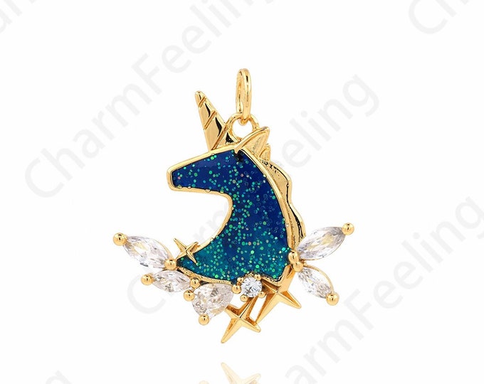 Enamel Charm,Micropavé CZ Unicorn Pendant, Horse Necklace,Animal Charm, 18K Gold Filled Unicorn Charm, DIY Jewelry Supplies, 24x21x2.5mm