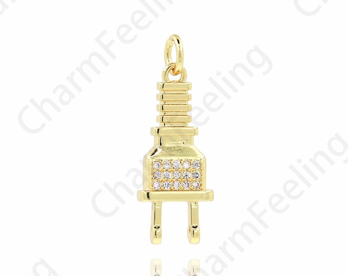 Outlet Pendant, Micropavé CZ Plug Charm, 18K Gold Filled Plug Necklace, Electric Charm, DIY Jewelry Supplies, 25.5x9x3.2mm