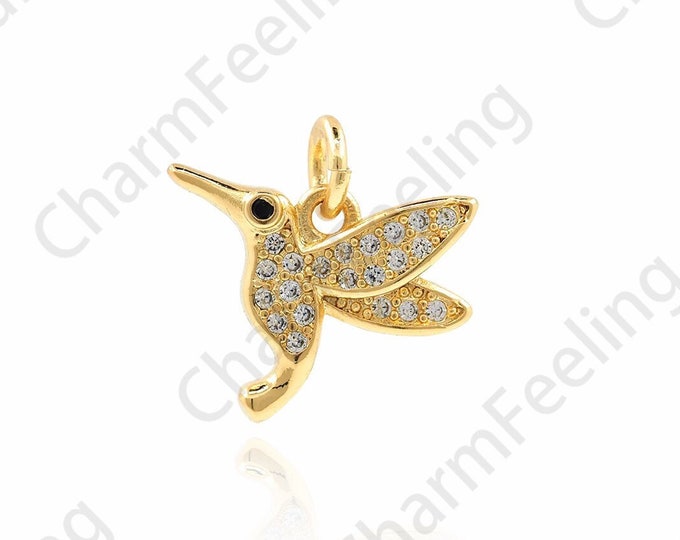 18K Gold Filled Hummingbird Pendant, Micropavé CZ Hummingbird Necklace, Bird Charm,Hummingbird Charm, DIY Jewelry Accessories, 14.5x15x2.5mm