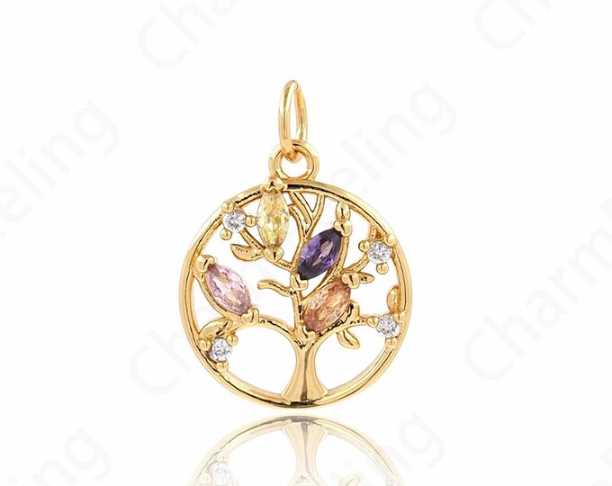 18K Gold Filled Round Pendant, Micropavé CZ Plant Charm, Tree Of Life Necklace, Tree Of Life Charm, DIY Jewelry Accessories,18.6x14x2.6mm