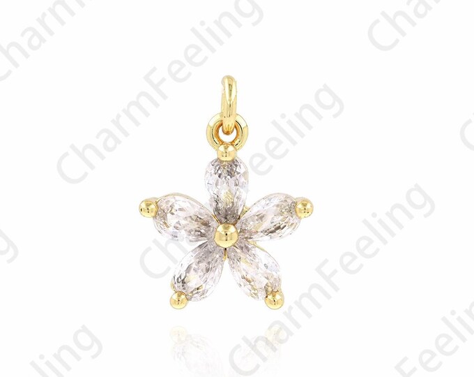 Pentagram Pendant, Flower Charm, 18K Gold Filled Plant Necklace, Flower Pendant, Micropavé CZ Round Charm, DIY Jewelry Supplies, 12x16x3.5mm