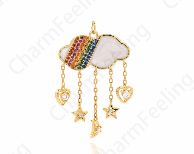 Enamel Charm,Rainbow Charm, Cloud Rainbow Pendant, CZ Cloud Necklace, Cloud Charm, Micro-Pave Cloud Necklace 43x26.5x1.7mm