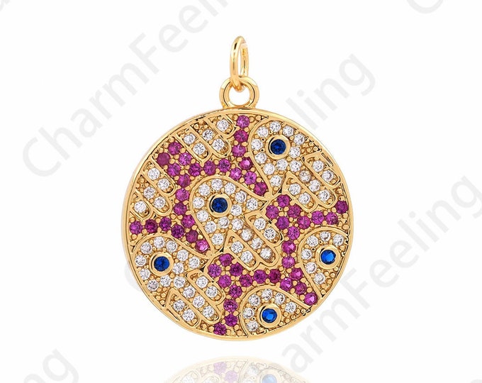 Round Coin Pendant,18K Gold Filled Hamsa Pendant, Micropavé CZ Hamsa Necklace, Eye Charm, DIY Jewelry Accessories, 27x21x1.8mm