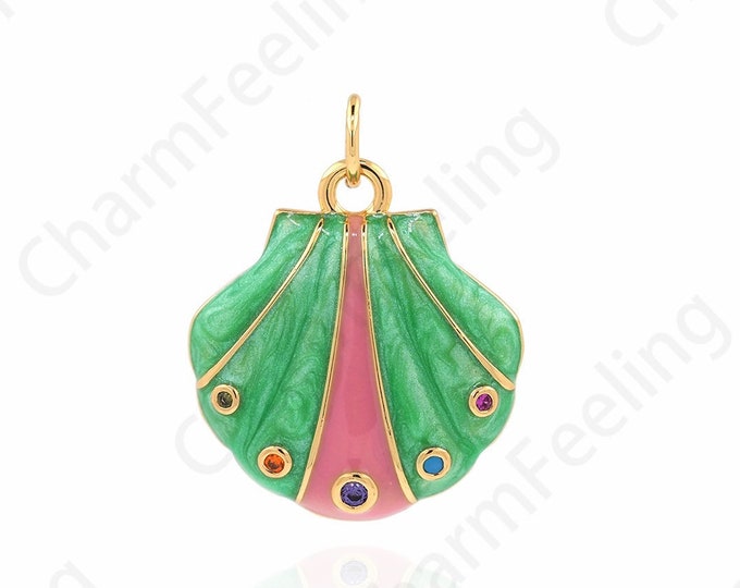 Micropavé CZ Beach Charm, Enamel Shell Pendant,18K Gold Filled Beach Necklace, Shell Necklace, Shell Charm, DIY Jewelry Supplies,23x18x3.5mm