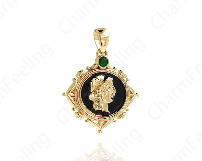 Figure Pendant, Micropavé CZ Engraved Necklace, 18K Gold Filled Figure Charm,Enamel Vintage Charm, DIY Jewelry Supplies, 21x18.5x2mm