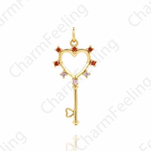 Micropavé CZ Heart-Shaped Key Pendant, 18K Gold Filled Key Necklace, Key Charm, Heart-Shaped Necklace 31.5x14x2mm