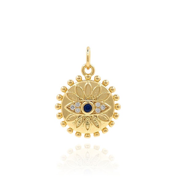 Micropavé CZ Eye Pendant, Round Necklace, Flower Charm, 18K Gold Filled Pistil Pendant, Round Charm, DIY Jewelry Supplies, 20x14x3mm