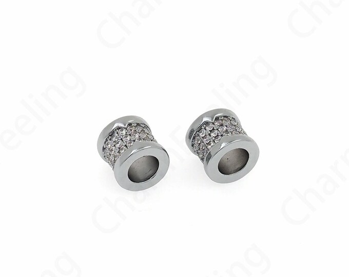 Cubic Zirconia Beads, Micropavé CZ Bucket Beads,Silver Tube Beads, Large Hole Beads, DIY Beaded Accessories 8.8x9.7x8.8mm