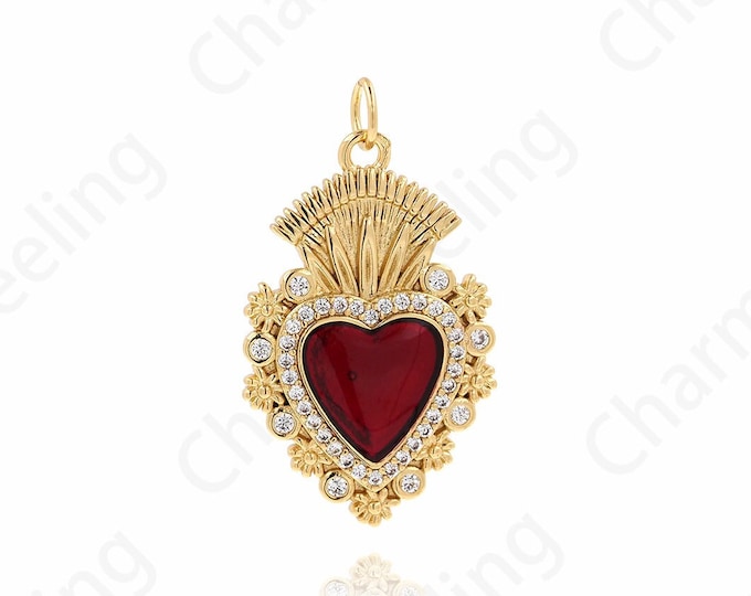 MicroPave CZ Heart Necklace, Oil Drop Heart Pendant, Heart-Shaped Charm, DIY Jewelry Making Supplies 31x18x3.3mm