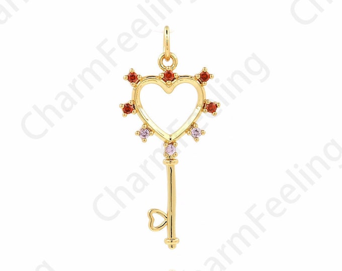 Micropavé CZ Heart-Shaped Key Pendant, 18K Gold Filled Key Necklace, Key Charm, Heart-Shaped Necklace 31.5x14x2mm