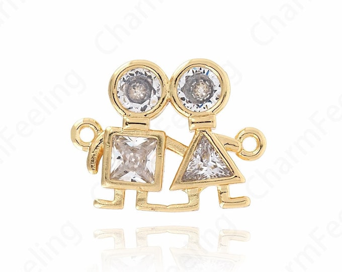 Kids Connector, Micropavé CZ Couple Charm, 18K Gold Filled Girl Connector, Boy Connector, DIY Jewelry Supplies, 13x17x8mm
