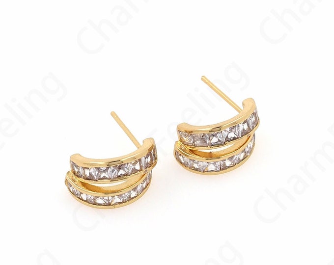 Rectangular Rhinestone Earrings,Curved Earrings,Micropavé CZ Exquisite Earrings,18K Gold Filled Moon Earrings,Square Earrings,14.5x8.7x6.7mm
