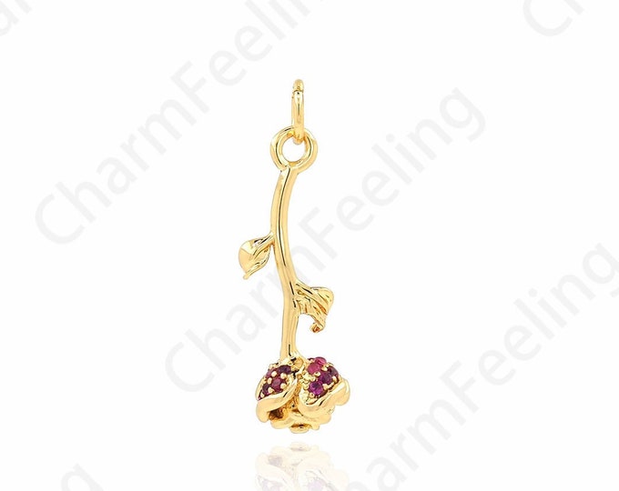 Rose Charm, 18K Gold Filled Plant Necklace, Micropavé CZ Rose Pendant,Rose Necklace, Plant Charm, 27x7x7mm