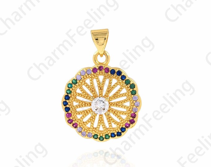 Flower Pendant, Round Pendant, Flower Charm, 18K Gold Filled Plant Necklace, Micropavé CZ Round Charm, DIY Jewelry Supplies, 18x25.5x4.5mm
