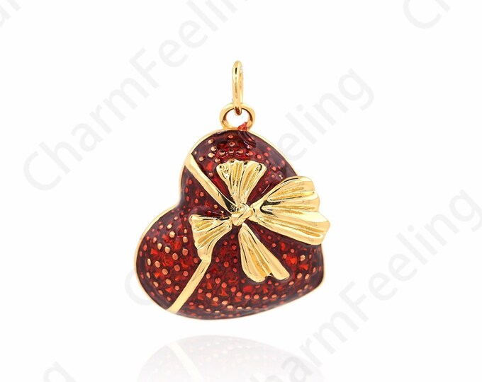 Enamel Heart Pendant, 18K Gold Filled Enamel Charm, Gift Box Pendant, Gift Charm, Gift Box Necklace, DIY Jewelry Supplies, 23.5x17.5x6mm