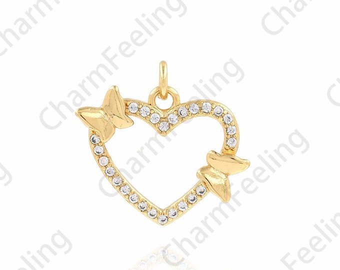 Heart-Shaped Charm,Heart-Shaped Butterfly Pendant, Micro-paved CZ Butterfly Necklace, 18K Gold Filled With Butterfly Charm, 18.5x16x2.5mm