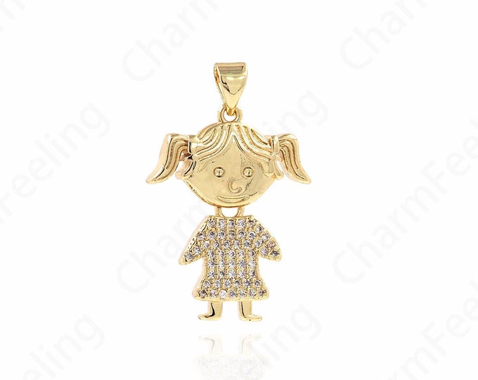 18K Gold Filled Girl Necklace, Girl Charm, Girl Pendant, Micropavé CZ Kids Charm, DIY Jewelry Supplies, 29x19x3.5mm