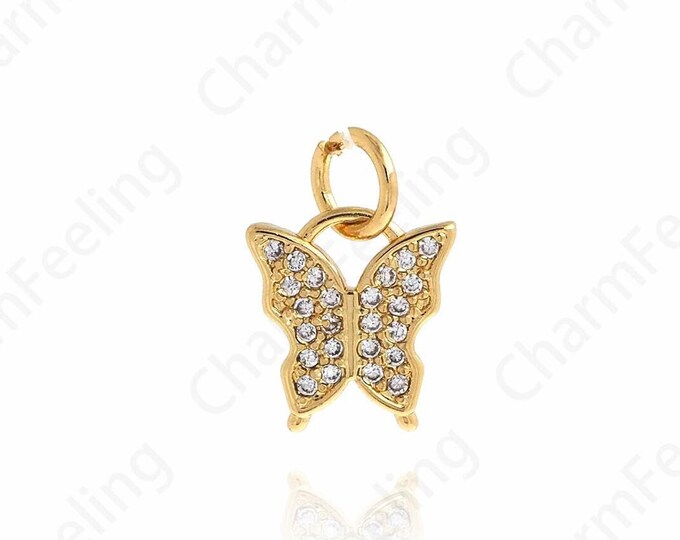 MicroPave CZ  Butterfly Charm,18K Gold Filled Butterfly charm， Cubic Zirconia Butterfly Necklace,gold charm 13.3x9.2x1.6mm