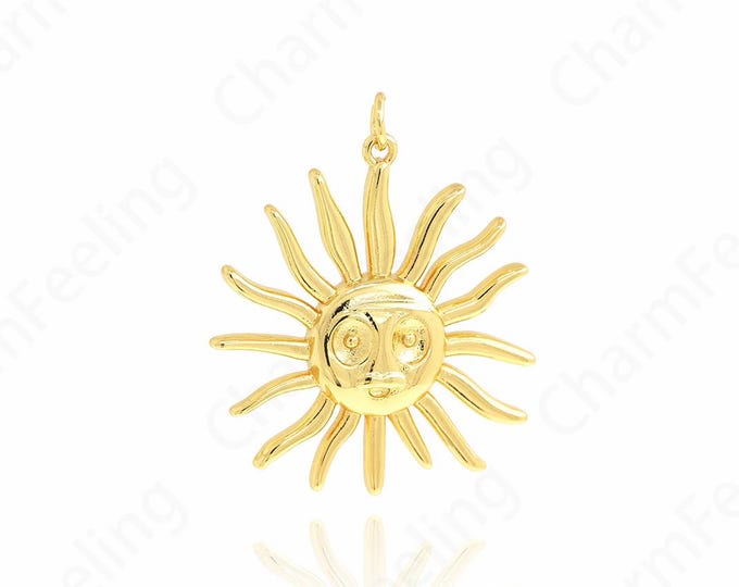 Sun Face Pendant, Micropavé CZ Flower Pendant, Sunflower Necklace, 18K Gold Filled Sun Charm, DIY Jewelry Supplies, 36.5x31x4mm