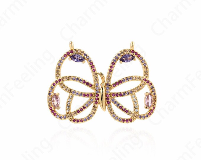 18K Gold Filled Butterfly Necklace, Butterfly Pendant, Micropavé CZ Insect Charm, Butterfly Charm, DIY Jewelry Supplies, 41x30.5x4mm