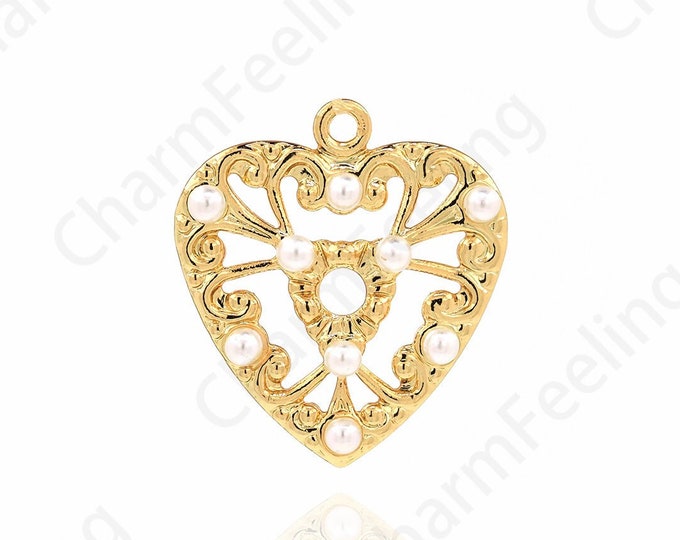 Pearl Heart Pendant,Love Charm, Micropavé CZ Heart Pendant, 18K Gold Filled Love Necklace, Gift for Her, DIY Jewelry Accessories,19x17x2.7mm
