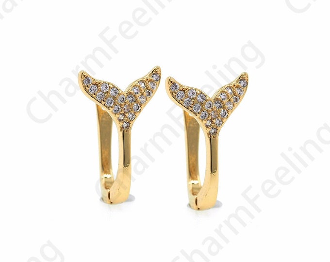Fishtail Earrings, Fishtail Charm, Micropavé CZ Rectangle Earrings, 18K Gold Filled Earring Charm, DIY Jewelry Supplies, 10.5x16x10mm
