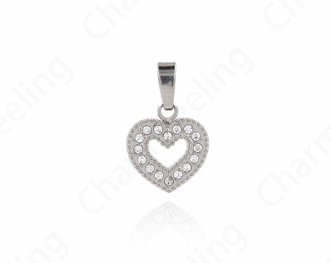 Micropavé CZ Heart Necklace, Stainless Steel Heart Pendant,  Silver Filled Heart Charm,Love Charm,DIY Jewelry Supplies, 15.5x10x1.7mm