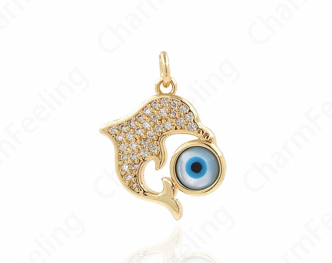 Dolphin Pendant, Animal Charm, 18K Gold Filled Eye Pendant, Enamel Charm, Micro Pave CZ Ocean Necklace, DIY Jewelry Supplies, 21x15x3.5mm