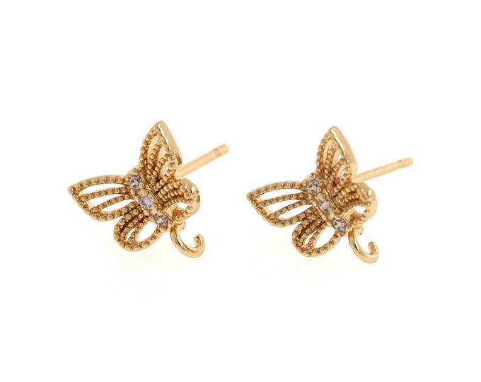 Micropavé CZ Butterfly Pierced Earrings,18K Gold Filled Butterfly Earrings Accessories,DIY Jewelry Supplies,10.5x11.5x2.5mm