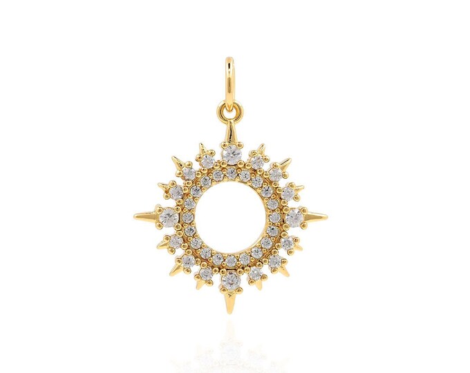 Sun Necklace, Sun Charm, Circle Charm, 18K Gold Filled Sun Necklace, Micropavé CZ Round Pendant, DIY Jewelry Supplies, 23x17.5x2mm