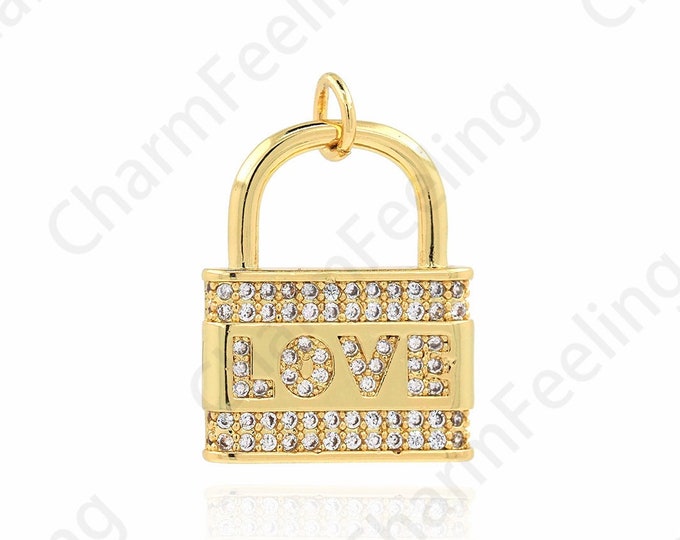 Love Charm,Text Lock Pendant, Love Necklace, Micropavé CZ Lock Charm, 18K Gold Filled Love Lock Pendant,DIY Jewelry Supplies,22.5x16x3.3mm