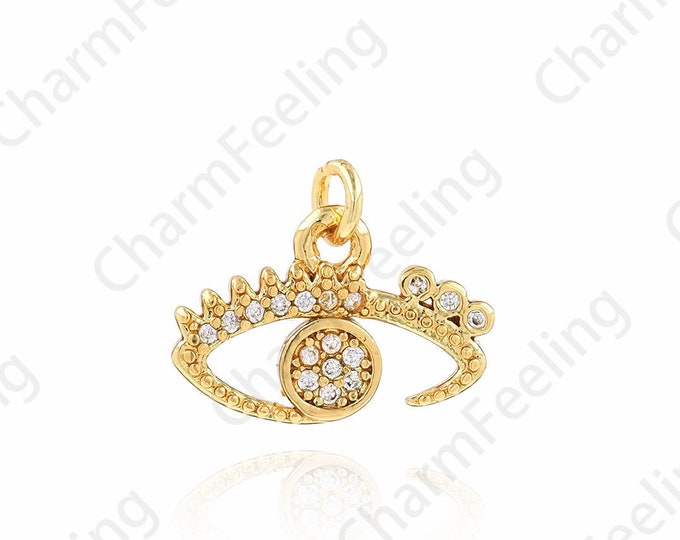 18K Gold Filled Eye Necklace, Micropavé CZ Devil's Eye Pendant, Eye Charm, Lucky Eye Necklace, DIY Jewelry Supplies, 15x11.5x1.5mm