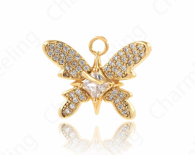 1pcs Insect Pendant,Butterfly charm,Micro Pave CZ Butterfly Charm,Cubic Zirconia Butterfly Necklace,Gold Charm 16.2x21.4x4.8mm